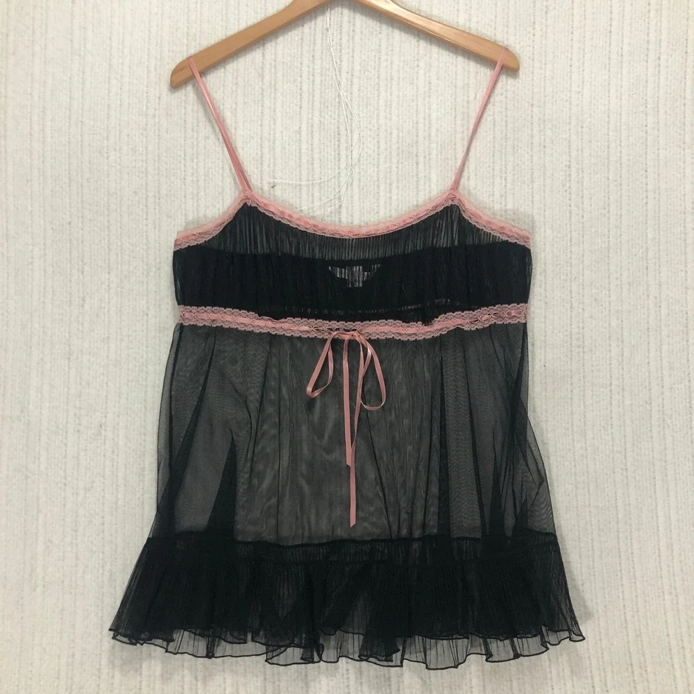 Victorias Secret Black‎ Pink Lace Babydoll Chemise Nightgown L